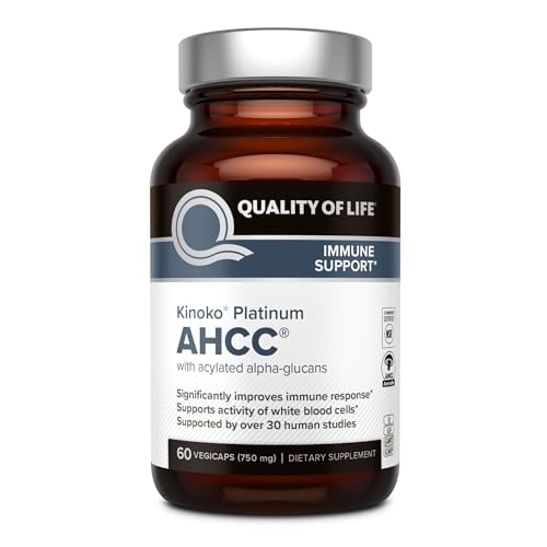 Quality of Life Premium Kinoko Platinum AHCC Herbal Supplement, 750mg per Capsule, for Immune Support, Liver Function, Maintains Natural Killer Cell Activity, Pack of 1, 60 Veggie Capsules