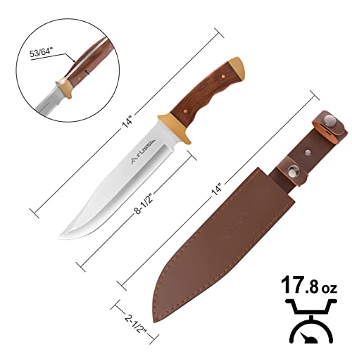 Flissa 14-inch Bowie Hunting Knife, Full-tang Fixed Blade Wood Handle Knife with Leather Sheath for Outdoor Survival, Camping, Hiking
