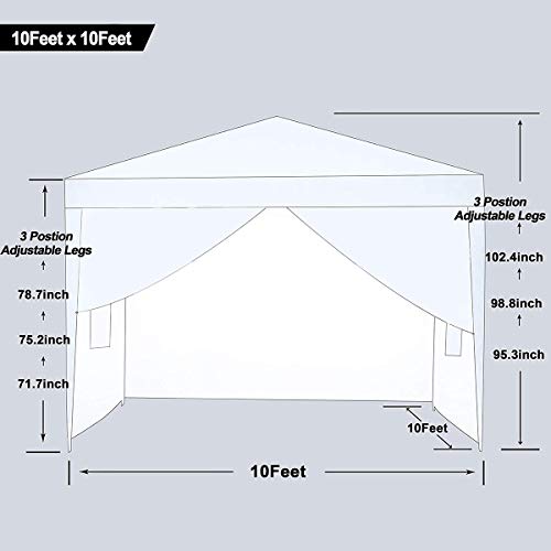 charaHOME 10 x 10 ft Heavy Duty Ez Pop Up Gazebo Canopy Tent for Outdoor Waterproof Party Wedding Exhibition Pavilion BBQ Beach with 4 Removable Sidewalls (White)...