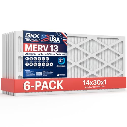 BNX TruFilter 14x30x1 Air Filter MERV 13 (6-Pack) - MADE IN USA - Electrostatic Pleated Air Conditioner HVAC AC Furnace Filters for Allergies, Pollen, Mold, Bacteria, Smoke, Allergen, MPR 1900 FPR 10