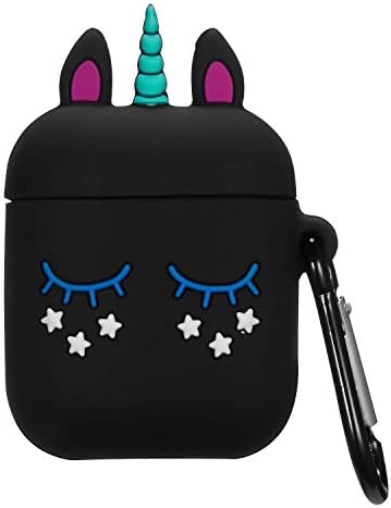 KeKeYM Case for Apple Airpods Charging, Cute Silicone 3D Cartoon Airpod Cover, Soft Protective Accessories Kits Skin with Carabiner, Character Cases for Kids Teens Girls Guys - Black Unicorn