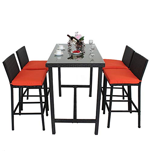 Leaptime Patio Bar Stools Furniture Dining Set Rattan 1 Table 4 Stools PE Wicker Bar Set Stools  ...