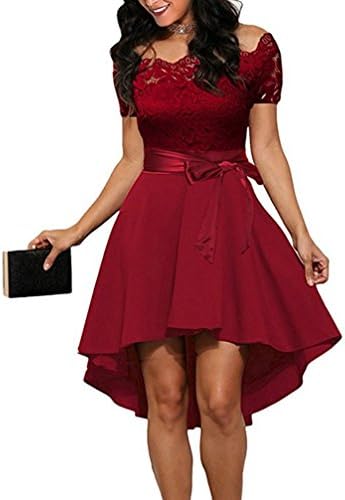 FANTIGO Women's Off Shoulder Lace Patchwork Vintage Short Sleeves Swing Evening Dress