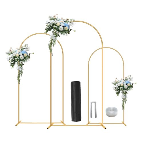 Metal Arch Backdrop Stand Set of 3(6 ft, 5 ft, 4 ft) Party Arch Stands for Wedding, Birthday, Baby Shower, Bridal Shower,Balloon Arched Frame for Garden Decor, Gold Floral Arches