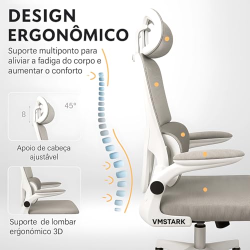 Cadeira de Escritório Cinza VMSTARK com Suporte Lombar Ajustável, Encosto de Cabeça e Design Ergonômico