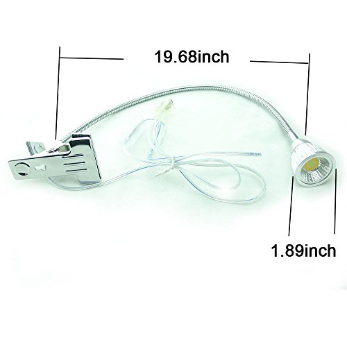 QUANS 5W 3 Colors LED COB Clip on Light Silver 19.68 INCH 50 cm Tube Desk Flexible Table Bed Lamp Work Home Design Lighting 110V 220V 85V - 265V AC with US Plug Switch on Off 500LM (Silver) - Thumbnail 4