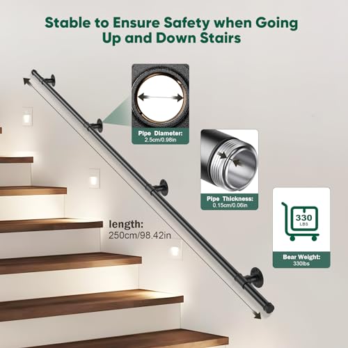 Couleeur Indoor and Outdoor Stair Railings, Wall Mount Stairs Railing for Elderly Disabled Stairs Steps Handrail Galvanized Industrial Non-Slip Handrail (2.5 M)
