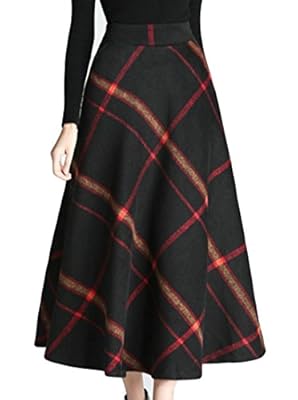 Cruiize Womens Classic Plaid High Waist Swing Stretch Wool Long Skirt