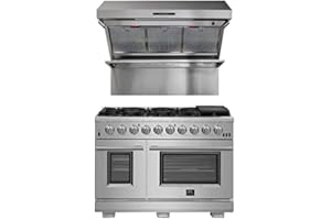 FORNO Galiano Full Gas 48″ Inch Freestanding Range 6.58 Cu.Ft. Double Convection Oven Stainless Steel & Savona 48" Wall Mount Range Hood & Back Splash 1200 CFM, 4 Speeds Kitchen Stove Vent
