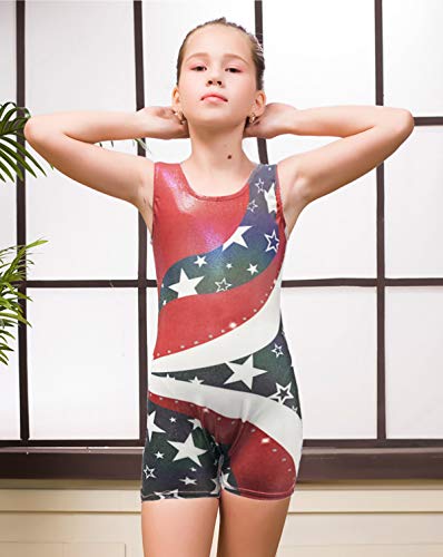 Kids4ever Toddler Gymnastics Leotards Star Stripes Splicing Biketards for Girls Sparkly Unitard with Shorts 6T 7 T