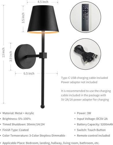 Battery Operated Wall Sconce, Black Rechargeable Wall Lights with Remote, Wireless Sconces Battery Powered Lamp for Bedroom, Living Room, Hallway, Bathroom, Set of 2