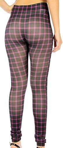 Womens Seamless Fleece High Weist Pattern Printed Nylon Stretch Leggings (Checkered Purple)
