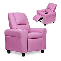 Windaze Kids Recliner Sofa PU Leather Comfortable Living Room Armchair with Cup Holder, Pink