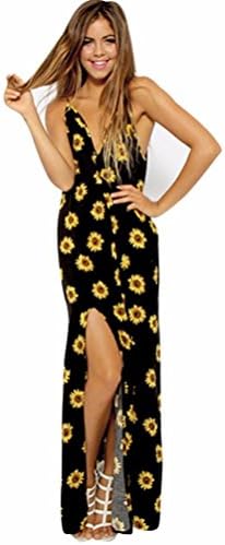 Kwok Dress, Women's Sunflower Print Long Dress V-neck Beach Dress