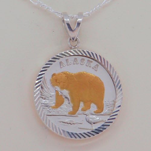 Alaska Mint Silver Medallion .999 1/4 Oz Pendant Jewelry Bear in River Salmon Diamond Cut Edge