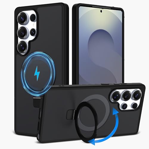 Case for Samsung Galaxy S25 Ultra with Magnetic Stand, Magsafe Case with Rotating Ring, Wireless Charging with Invisible Ring Stand Case Samsung S25 Ultra Protection -Black