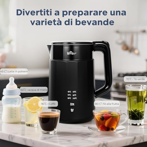 Bollitore elettrico 1800 W-2200 W, 1,7 l, 45 °C ~ 100 °C, con 6 regolazioni di temperatura, spegnimento automatico e funzione di mantenimento in caldo, acciaio inox 304, protezione asciutta