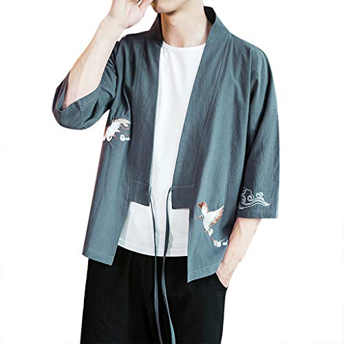 Tomppy Men's Japanese Kimono Cardigan Jacket Yukata Casual 3/4 Sleeve Crane Printed Open Front Cloak Coat Blue