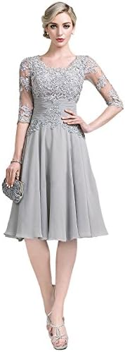 Romanlisa Women's Knee Length Chiffon Lace 3/4 Sleeve Ruffle Mother Formal Evening Dress Sliver 14
