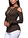FARYSAYS Women's Sexy Cold Shoulder Blouse Lace-Up Ribbed Tops ArmyGreen