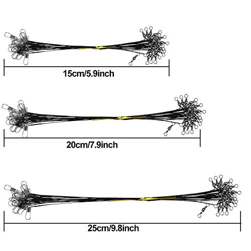 DECARETA 72 Pcs Stahlvorfächer, Edelstahl Vorfächer Stahl Angeln Vorfach Hecht mit Karabinerhaken und Edelstahlwirbel Schwarz Angelvorfächer für Raubfische, Hidden-Hauptschnur, 15/20/25 cm – Bild 4