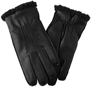 Black Genuine Leather Winter Gloves for Men Warm Lining