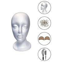 Styrofoam Mannequin Head for Wigs with Female Face (Including T-Pins, Detangling Hair Brush Combo & Natural Nude Wig Caps) Wig Making, Wig Styling & Display Mannequin Foam Head