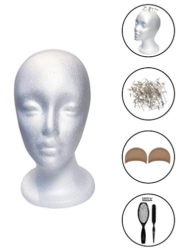 Styrofoam Mannequin Head for Wigs with Female Face (Including T-Pins, Detangling Hair Brush Combo & Natural Nude Wig Caps) Wig Making, Wig Styling & Display Mannequin Foam Head