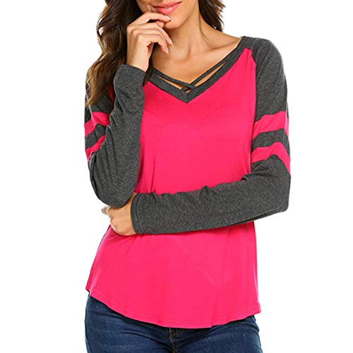 Mayunn Women's Sexy Long Sleeve V Neck Shirts Patchwork Cross Undershirts T-Shirt Blouse Tops - Thumbnail 2