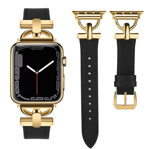 Wearlizer Leather Band Compatible with Apple Watch 38mm 40mm 41mm 42mm 44mm 45mm 49mm(Ultra 1/2), Dressy Leather Women Strap with D-Shape Metal Buckle for iWatch Bands Series 9 8 SE 7 6 5 4 3 2 1