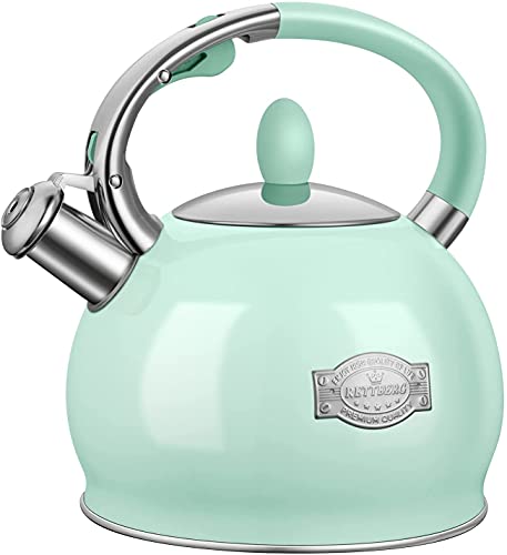 SUSTEAS Stove Top Whistling Tea Kettle-Surgical Stainless Steel Teakettle Teapot with Cool Toch Ergonomic Handle,1 Free Silicone Pinch Mitt Included (Green)