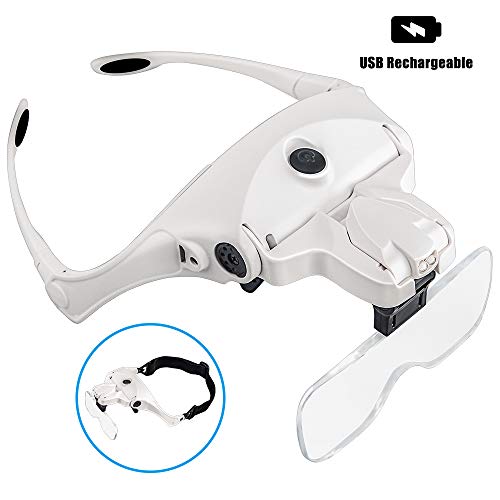 BIJIA Head Magnifier-USB Rechargeable LED Illuminated Head Mount Magnifying Glass with Headband,2 LED Light,5 Interchangeable Lens for Jewelry Loupe,Crafts,Electronics Repair,Hobby,Eyelash Extension