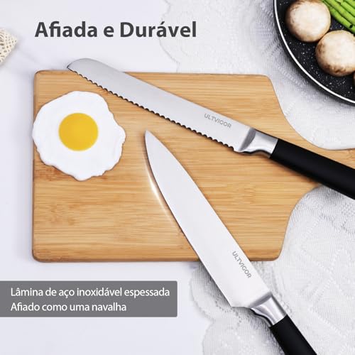 ULTVIGOR Conjunto de Facas 5 Peças, 4CR13 Aço Inoxidável Afiado e Durável, Cabo antiderrapante, Corte Preciso para Cozinhas Domésticas, Inclui Faca de Chef, Santoku, Preto