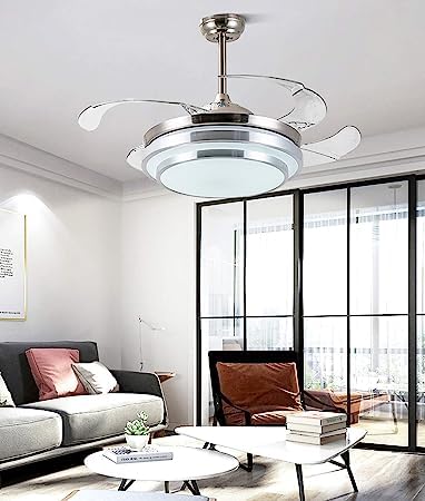 Megaluz F500VL01 Ventilador de techo con lámpara led y control remoto y APP, 42 pulgadas, luz fría, cálida y neutra, aspas retractiles, Abanico 3 velocidades y motor silencioso (Metal satinado).