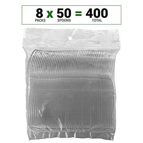 400 plastic spoons bulk, clear plastic spoons, heavy duty plastic spoons bulk, spoons clear plastic 8 retailed packages of 50 clear spoons.