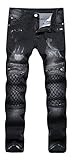 Men's Black Biker Moto Slim Fit Skinny Vintage Runway Denim Jeans with Zipper