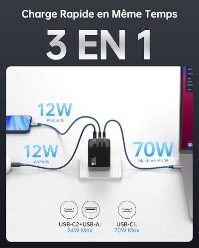 NOVOO 100W USB-C Fast Charger, 3-Port USB C Plug, Adapter Compatible with iPhone 16 Plus Pro Max, Galaxy PPS 45W, S24 Ultra, S23, S22, Pixel, iPad, MacBook Air, Black
