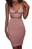 ioiom Outfits for Women 2017 Halter V Neck Backless Crop Top and High Waist Midi Skirt Bodycon Dress Pink S