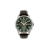 Seiko #SNAF09 Men's Leather Band Green Dial Alarm Chronograph Watch