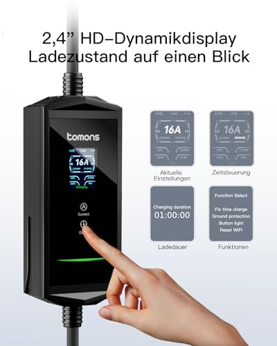 tomons Mobile Wallbox 11 kW with App, Type 2 Charging Cable 7M, 3-Phase 6-16 A 400 V CEE Plug, 2.4 Inch LCD, IP65, Adjustable Charging Power and Start Time, for E Car ID.3/4/5/7, Model Y/3, ENYAQ and