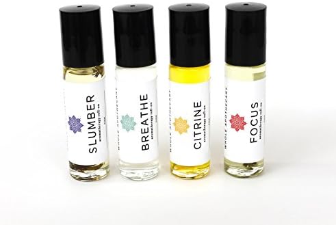 Whole Apothecary All Natural Certified Organic Aromatherapy Essential Oils Roll On Bundle - 4 Pack Variety Pack (1 Slumber, 1 Breathe, 1 Citrine, 1 Focus)