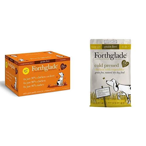 Forthglade 100% Natural Grain Free Complementary Wet Dog Food Just 90% Poultry, Variety Pack 395g (12 Pack) + Cold Pressed Dry Dog Food with Chicken and Vegetables (6kg Bag)