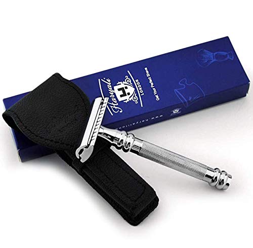 Haryali London, Double Edge Safety Razor with Leather Case - Elegant Design Safety Razors, Traditional Reusable Wet Shaving Tools, Mens Grooming Set for Close, Smooth Shaves