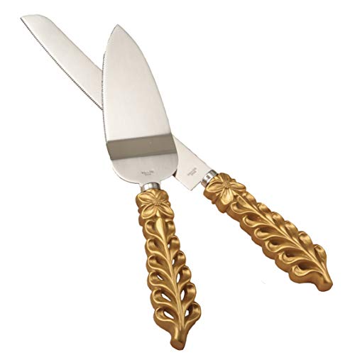 FASHIONCRAFT 2528 Gold Lattice Botanical Collection Stainless Cake Knife Set, One Set includes the Cake knife and Cake Server