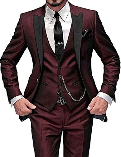 One Button 3 Pieces Burgundy Wedding Suits Notch Lapel Men Suits Groom Tuxedos Burgundy 40 Chest / 34 Waist - Thumbnail 5