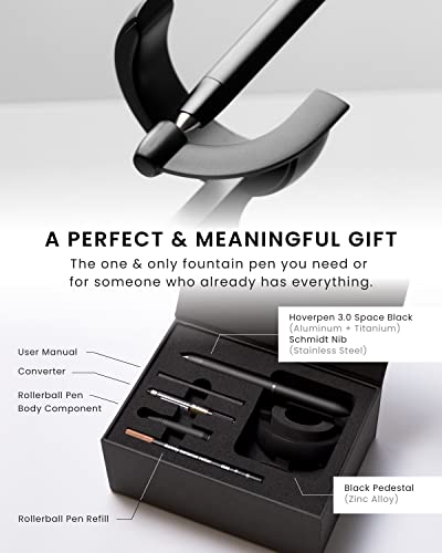 novium Hoverpen Future - Luxury Fountain Pen & Rollerball Pen All-In Gift Box, Schmidt Nib (Fine), Converter, Extra Refill, Aerospace Metal, Best Pen Gift Set for Men & Women (Deep Black)