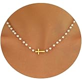 Nawflue Pearl Necklaces for Women, 18K Gold Plated Dainty Cross Necklace Gold Flower Pearls Beaded Choker Necklace, Trendy Stainless Steel Bridesmaid Wedding Jewelry, Christmas Gifts