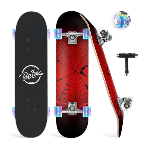 BELEEV Skateboard 31x8 Zoll, LED Wheels Komplette Cruiser Skateboard für Kinder Jugendliche Erwachsene, 7-Lagiger Kanadischer Ahorn Double Kick Deck C