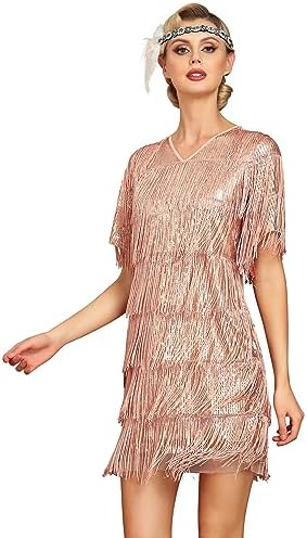 gold flapper dress amazon Vintage 1920s Gold Sequined Flapper Dress, Gatsby Party Costume (Necklace, Headband)
