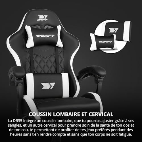 DR35 - Chaise Professionnelle, Similicuir, Accoudoirs rembourrés, Piston Classe 3, Base en Nylon renforcé, Siège inclinable, Hauteur réglable, Coussin Lombaire/Cervical, Noir/Blanc